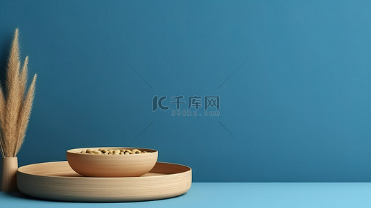 蓝色木制背景背景图片_自然启发的产品在简单背景的木制讲台上展示最小的蓝色 3D 渲染