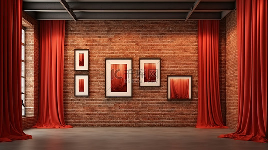 艺术博览会海报背景图片_砖墙上有金色相框的红色窗帘画廊 3D 渲染室内设计