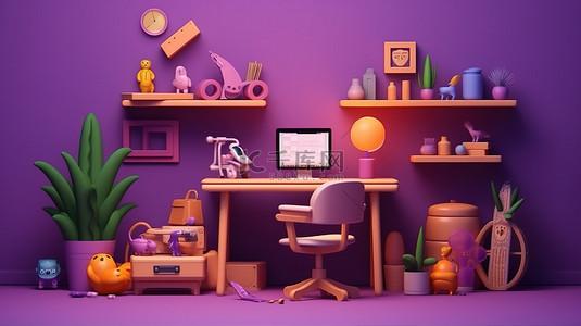 充满活力的 3D 插图，展示了一个富有成效的玩具灵感工作空间，采用大胆的紫色设计，用于学习和商务