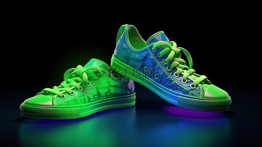 绿色的运动鞋背景图片_充满活力的鞋类系列 3D 渲染时尚绿色和蓝色运动鞋的鞋底