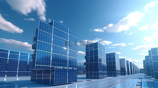在蓝天背景下利用太阳能电池板利用替代能源的太阳能发电技术的创新 3D 渲染