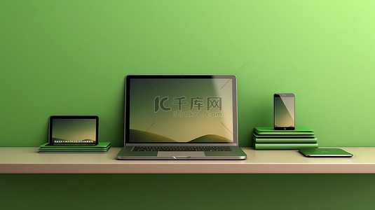 现代技术三重奏笔记本电脑手机和平板电脑在充满活力的绿色架子上 3D 渲染