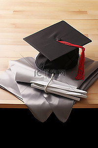 校服背景图片_木桌上放着一顶毕业大衣帽和一顶燕尾服帽