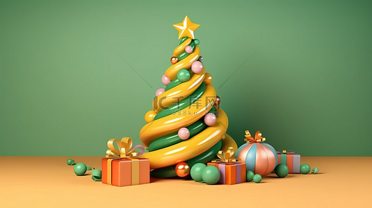 3D 渲染卡通松树与节日丝带装饰圣诞树贺卡横幅