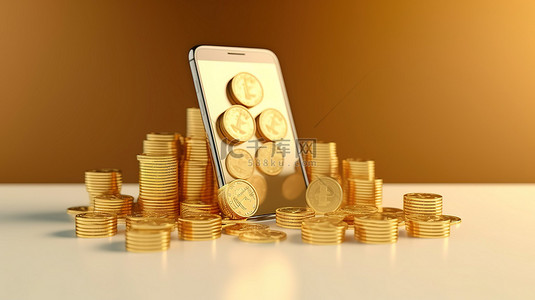 有金币背景图片_3D 渲染电子货币银行，智能手机屏幕周围有金币，用于在线购物