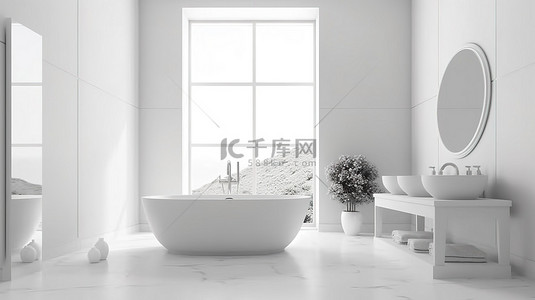 时尚的白色 3D 浴室设计，具有简约的美感和白色瓷砖地板