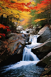 古诗瀑布背景图片_色彩缤纷的瀑布流过红色和黄色的树叶