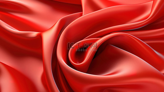 红色丝织物 3D 渲染，具有扭曲的光滑漩涡和闪亮的皱纹