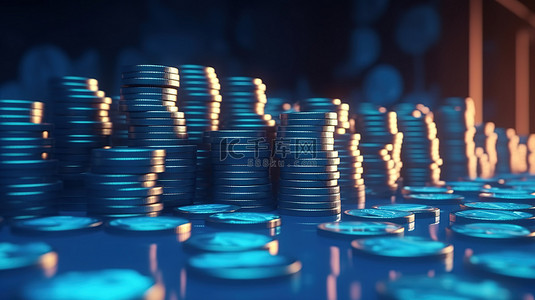 3D 渲染工厂中带有成堆硬币的蓝色背景横幅