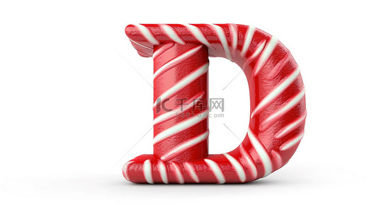白色背景 3d 渲染上圣诞节的薄荷糖甘蔗条纹字母 d