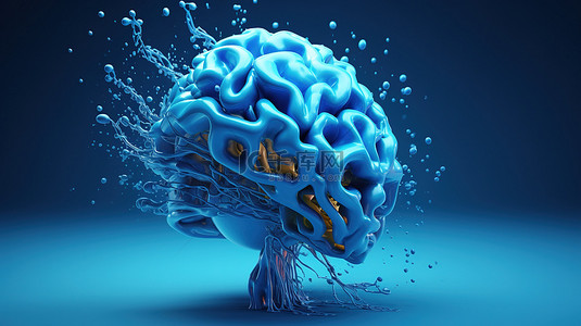 蓝色大脑科技背景图片_3d 呈现化学形式的蓝色大脑爆炸
