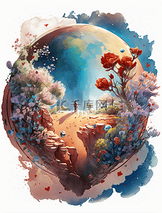 玫瑰星球背景图片_浪漫梦幻卡通玫瑰花卉星球油画装饰画背景