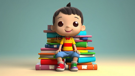 色彩缤纷的书籍和 3D 卡通风格的机智亚洲青少年