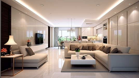 设计时尚的客厅的 3D 渲染，配有美式厨房和沙发