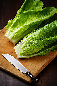 切割裁纸刀背景图片_显示板上有一把刀和一些生菜的图像
