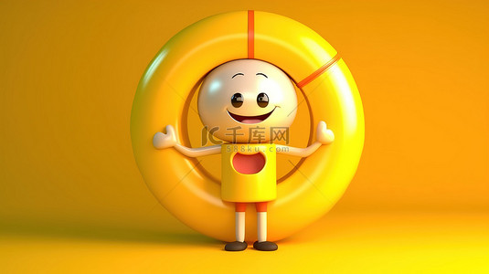 带有救生圈和金色忠诚奖金硬币的黄色背景吉祥物角色的 3D 渲染