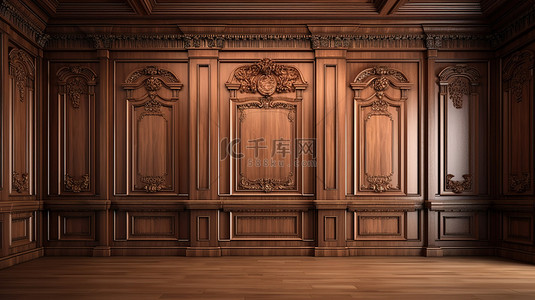复古棕色山毛榉木板通过 3D 插图增强，打造出带有美丽细木工的经典内墙
