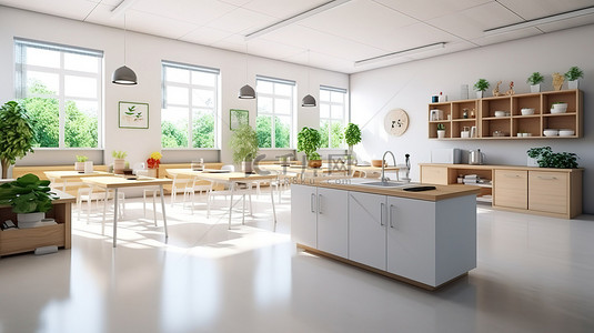 配备高科技设施的现代教室和 3D 渲染的时尚厨房