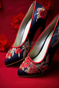 鞋高跟鞋背景图片_红色绒面革高跟鞋，鞋上有红色花卉刺绣