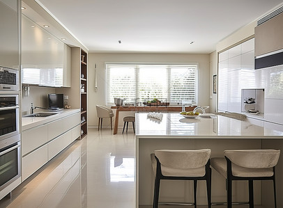 大理石台面背景图片_干净的厨房，配有椅子和白色台面