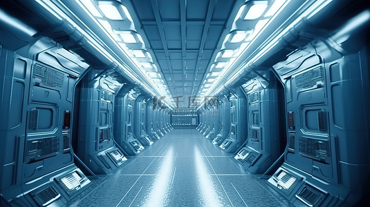 科幻设计背景图片_抽象蓝色科幻走廊 3d 渲染背景