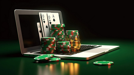 数字游戏体验将在线赌场与笔记本电脑赌博横幅应用程序和 3D 插图相结合，充足的复制空间
