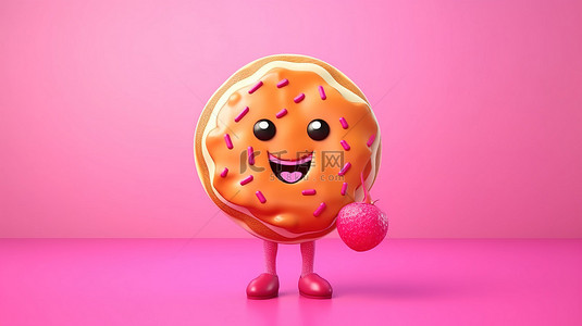 篮球比赛甜甜圈吉祥物，带有粉色釉料和超大草莓，在充满活力的黄色背景 3D 渲染上