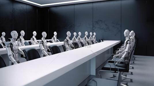 会议室或研讨会空间的等距 3D 渲染，有一排坐机器人