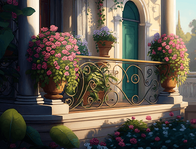 围栏护栏背景图片_紫色鲜花围栏阳光阳台花园卡通可爱的背景