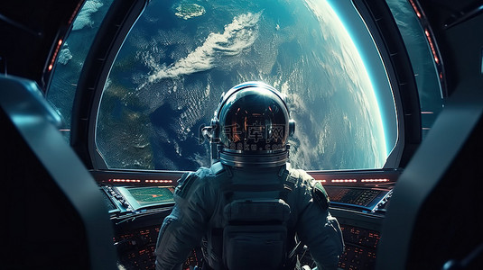 星球未来科技背景图片_未来飞船中的孤立太空航行者壮观的 3D 地球景观
