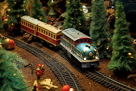 圣诞装饰品和由一组火车轨道制成的汽车位于一些小松树中间