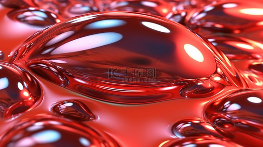 红色抽象液体背景中华丽的金属反射和光折射 3D 插图和渲染