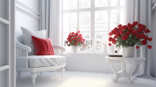 插花背景图片_宁静的白色客厅，配有木椅窗户舒适的枕头桌子和花瓶中优雅的插花