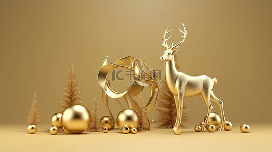 真实的物体装饰着圣诞节横幅，圣诞节背景上有金属鹿的 3D 渲染