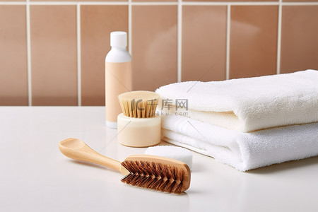 洗漱背景图片_三块毛巾一把刷子肥皂和洗漱用品放在瓷砖上