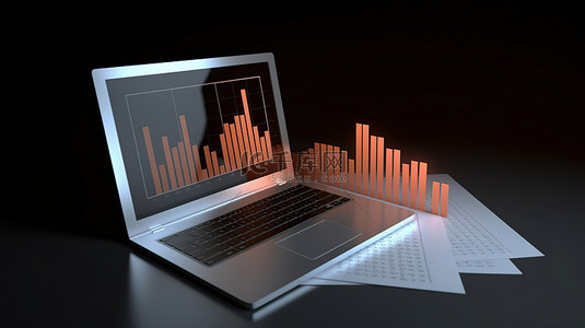 财务述职报告背景图片_有 3D 图形和成功报告图表的笔记本电脑