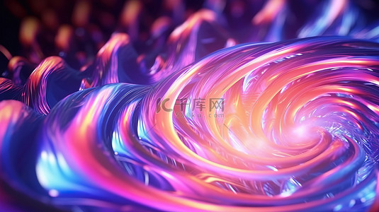 平滑的霓虹灯光波和漩涡在 4k 超高清 3D 插图中形成抽象的超现实漩涡