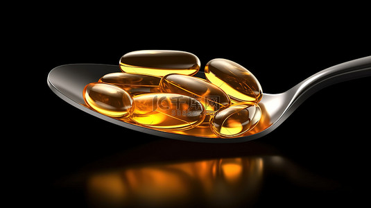 3D 渲染中带有 omega 3 鱼油胶囊的隔离金属勺