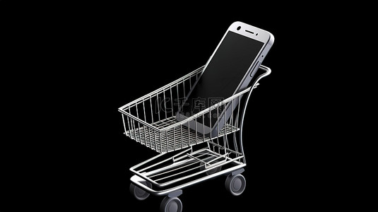 商超市背景图片_3D 购物车渲染上的智能手机显示