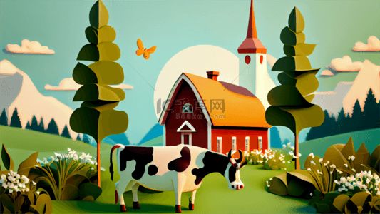 春天的树背景图片_春季牧场奶牛可爱卡通