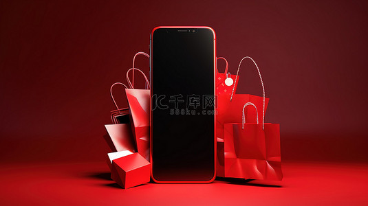 智能电器背景图片_在线购物触手可及 红色智能手机背景上的 3d 渲染购物袋