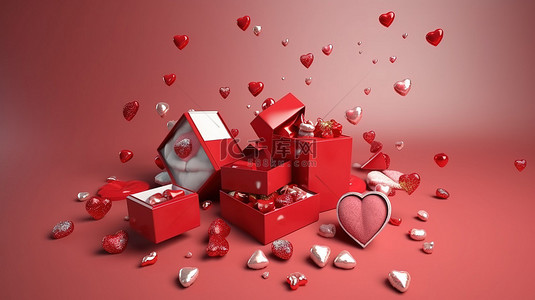 以爱情为主题的 3D 礼盒渲染庆祝情人节