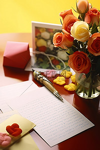 情人节贺卡，采用美丽的插花和可爱的字母
