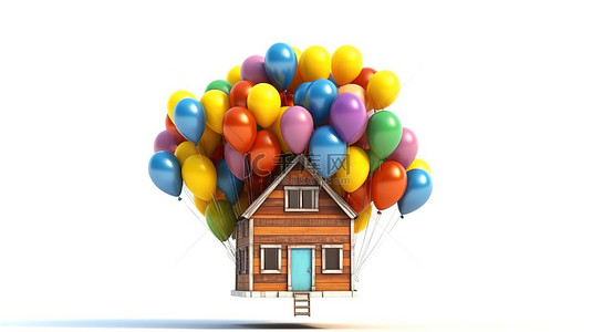 充满活力的气球在带有 3D 渲染的白色背景下的木制卡通狗屋上方翱翔