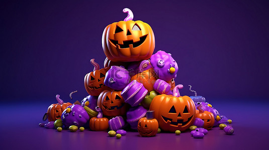不快乐的背景图片_怪异的万圣节快乐 3D 渲染杰克 o 灯笼南瓜和彩色糖果在充满活力的紫色背景