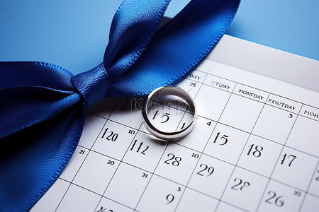 蓝色日历背景图片_带有蓝丝带的婚礼当天日历