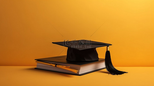 卡通毕业证背景图片_黄色背景的 3D 插图，带有独立文凭和学位帽以及复制空间