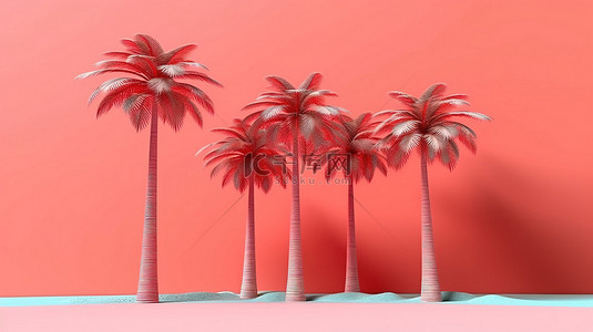 一家三代背景图片_珊瑚背景和棕榈树的简约 3D 渲染，带来热带夏季的感觉