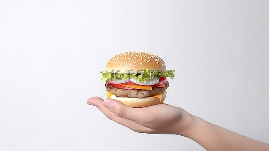 白色背景下一只手拿着汉堡的卡通风格 3D 插图