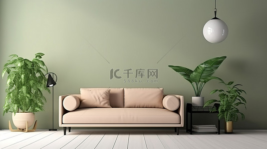 绿色沙发和植物 3D 渲染海报模型在时尚的家居室内